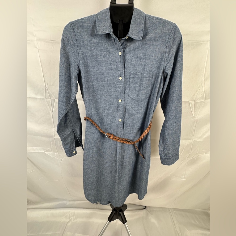 GAP Chambray Long Sleeve Denim Shirt Dress with Braided Brown Belt